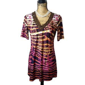 Vintage New Directions Womens S Animal Print V-Neck Embellished Y2K Chic Top